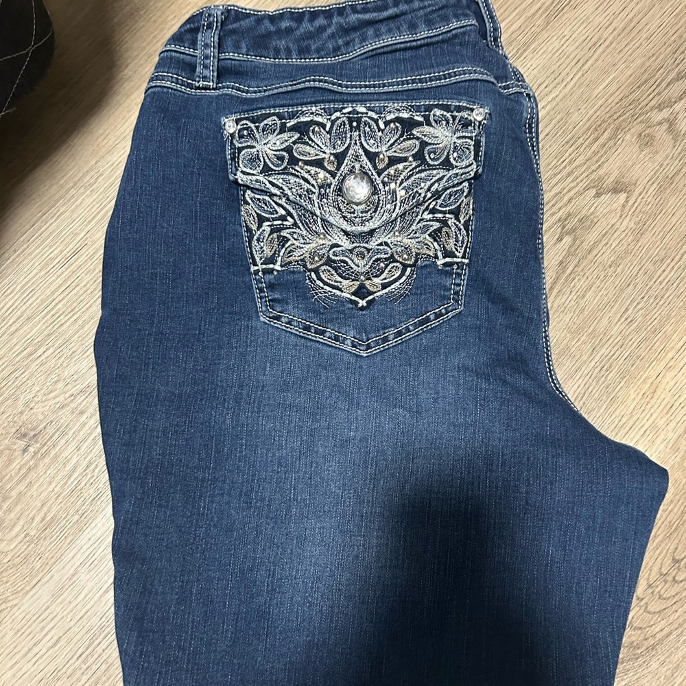 Blue Boot Cut Jeans with Ornate Embroidery